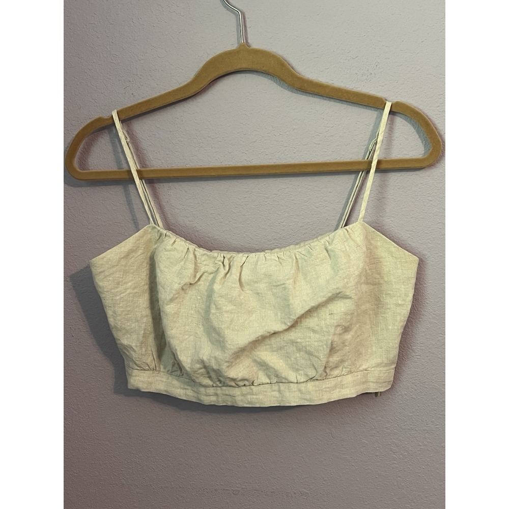 WAYF 100% Linen Smocked Strappy Crop Top Oatmeal/Beige Small Medium